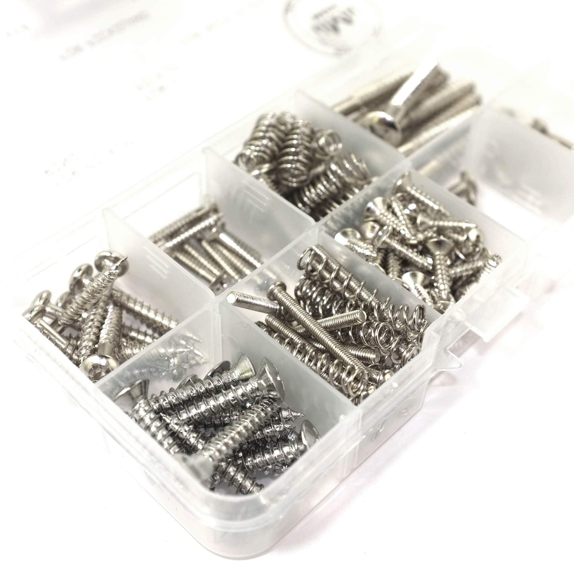 MAKA Guitar Screw Kit Assortment Box Kit for Electric Guitar Bridge, Pickup, Pickguard, Tuner, Switch, Neck Plate, with Springs, 9 Types, Total 149 Screws, Chrome