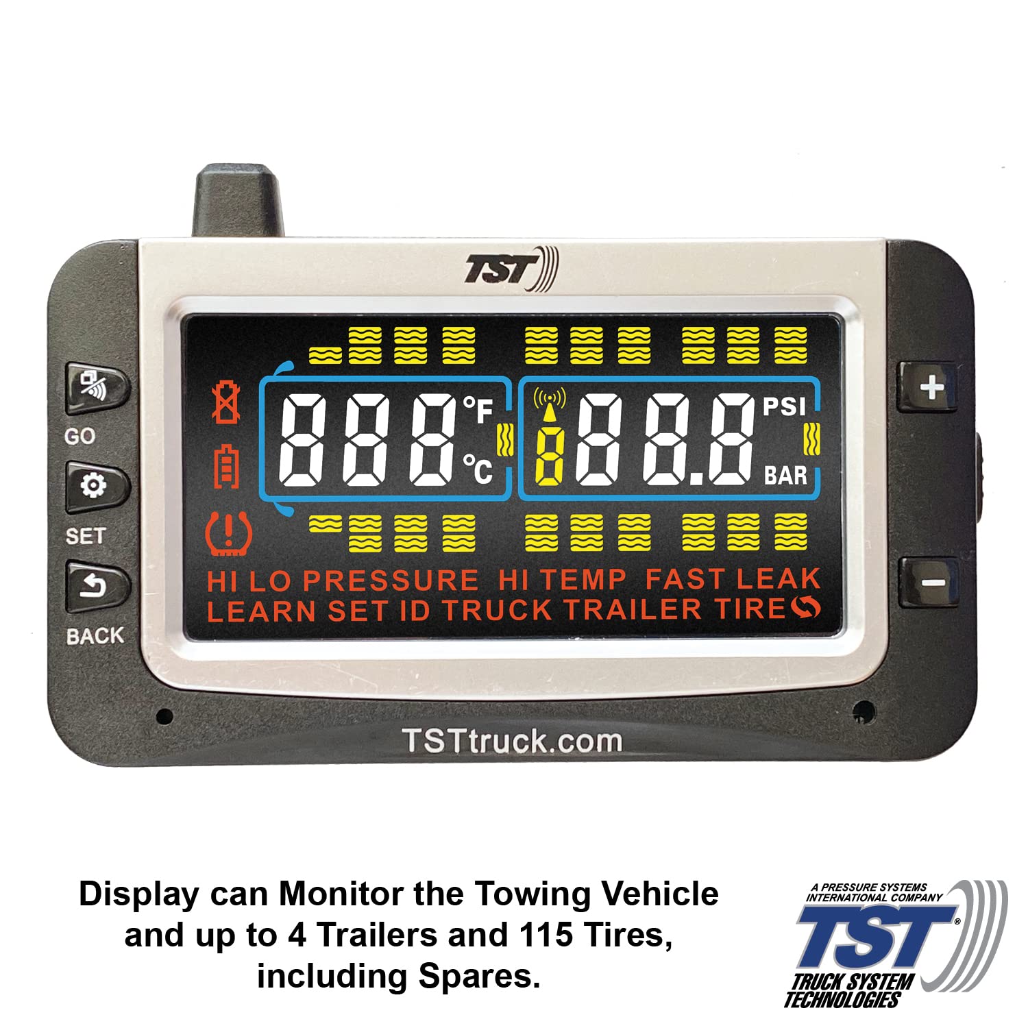 TST 507 Tire Pressure Monitoring System with 6 Cap Sensors and Color Display for Metal/Rubber Valve Stems by Truck System Technologies, TPMS for RVs, Campers and Trailers