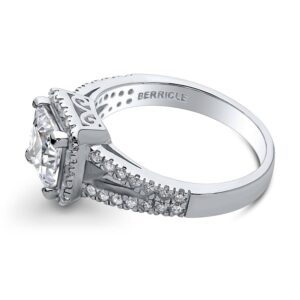 BERRICLE Sterling Silver Halo Wedding Engagement Rings Princess Cut Cubic Zirconia CZ Promise Split Shank Ring for Women, Rhodium Plated Size 6