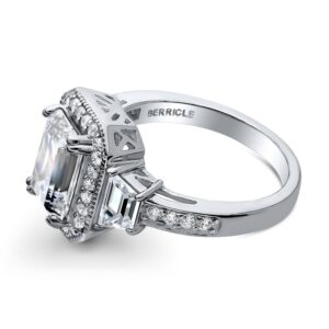 BERRICLE Sterling Silver Halo Wedding Engagement Rings Emerald Cut Cubic Zirconia CZ Statement Ring for Women, Rhodium Plated Size 9