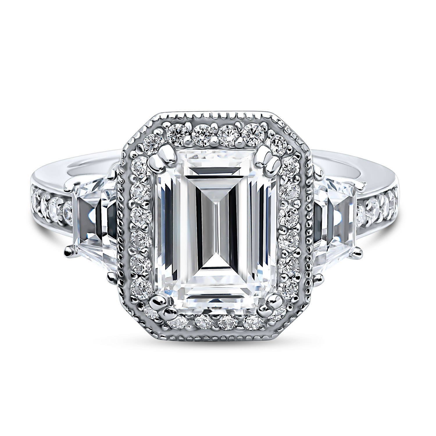 BERRICLE Sterling Silver Halo Wedding Engagement Rings Emerald Cut Cubic Zirconia CZ Statement Ring for Women, Rhodium Plated Size 9