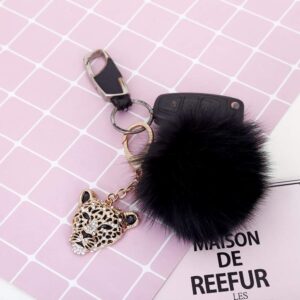 Giftale Leopard with Black Fox Fur Pom Pom Keychain for Women Ball Bag Charm