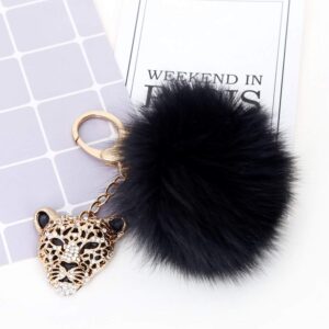 Giftale Leopard with Black Fox Fur Pom Pom Keychain for Women Ball Bag Charm