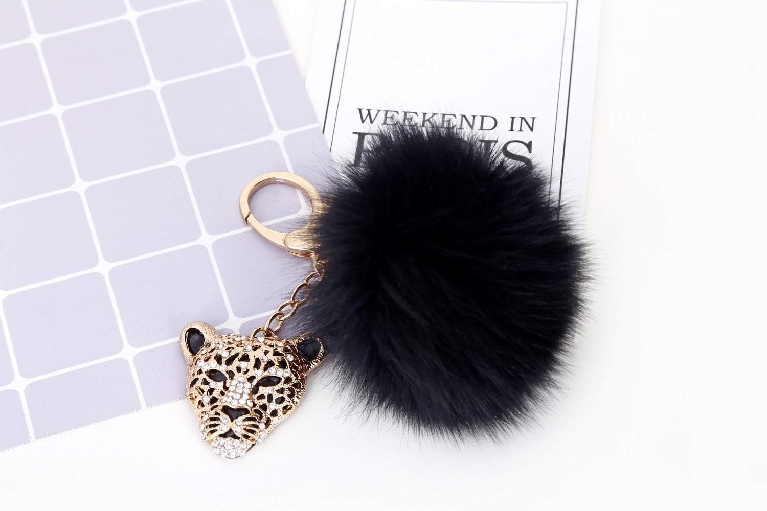 Giftale Leopard with Black Fox Fur Pom Pom Keychain for Women Ball Bag Charm