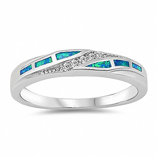 Half Eternity Band Ring Created Blue Opal Simulated Round Cubic Zirconia 925 Sterling Silver,Size-8