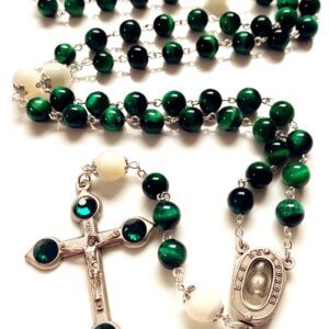 elegantmedical HANDMADE GREEN TIGER EYE BEADS CATHOLIC ROSARY CRUCIFIX NECKLACE Lourdes water Medal