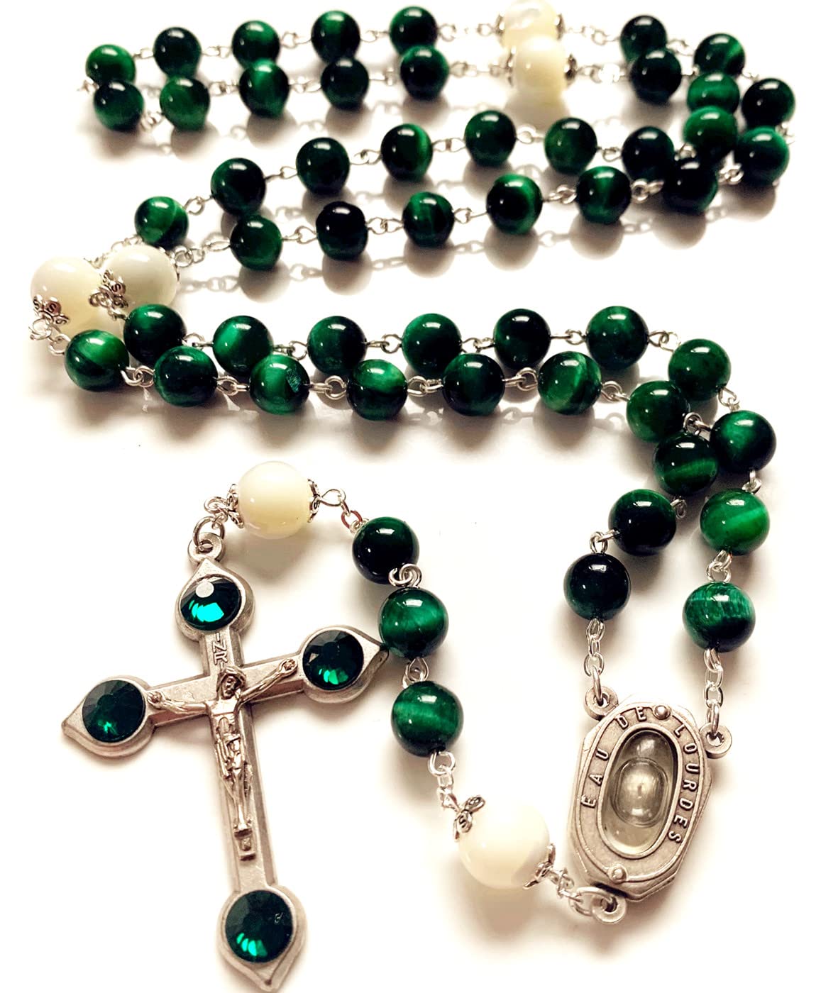 elegantmedical HANDMADE GREEN TIGER EYE BEADS CATHOLIC ROSARY CRUCIFIX NECKLACE Lourdes water Medal