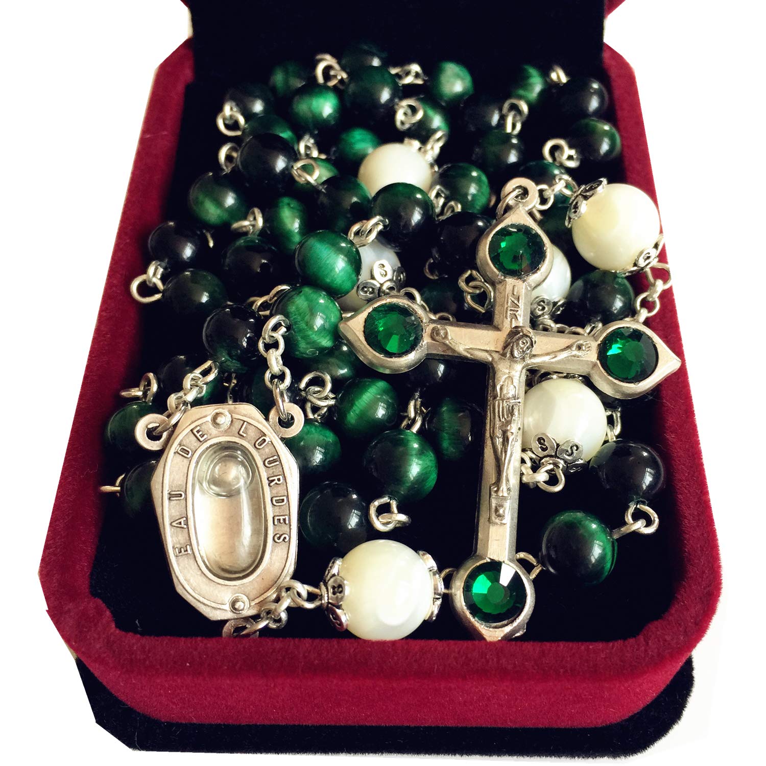 elegantmedical HANDMADE GREEN TIGER EYE BEADS CATHOLIC ROSARY CRUCIFIX NECKLACE Lourdes water Medal