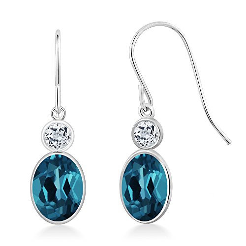 Gem Stone King 14K White Gold London Blue Topaz and White Topaz Hook French Fish Ear Wire Dangle Earrings For Women (2.08 Cttw, Gemstone November Birthstone, Oval 7X5MM, Round 3MM)