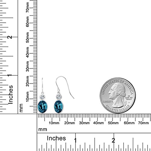 Gem Stone King 14K White Gold London Blue Topaz and White Topaz Hook French Fish Ear Wire Dangle Earrings For Women (2.08 Cttw, Gemstone November Birthstone, Oval 7X5MM, Round 3MM)