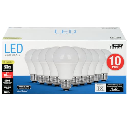 Feit Electric A19 LED Light Bulbs, 60W Equivalent, Non Dimmable, 800 Lumens, E26 Standard Base, 5000k Daylight, 80 CRI, 10 Year Lifetime, Energy Efficient, 10 Pack, A800/850/10KLED/10