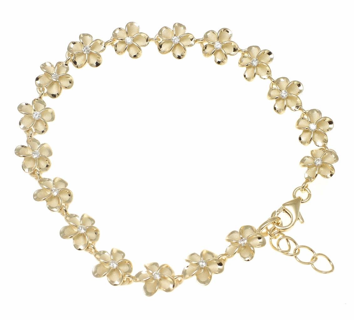 Arthur's Jewelry 925 Sterling silver yellow gold plated Hawaiian 10mm cz plumeria flower bracelet 7"