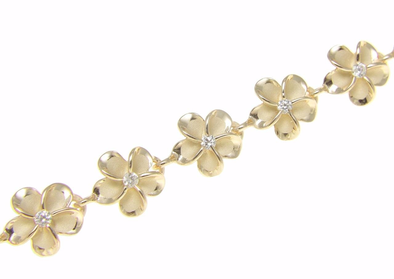 Arthur's Jewelry 925 Sterling silver yellow gold plated Hawaiian 10mm cz plumeria flower bracelet 7"