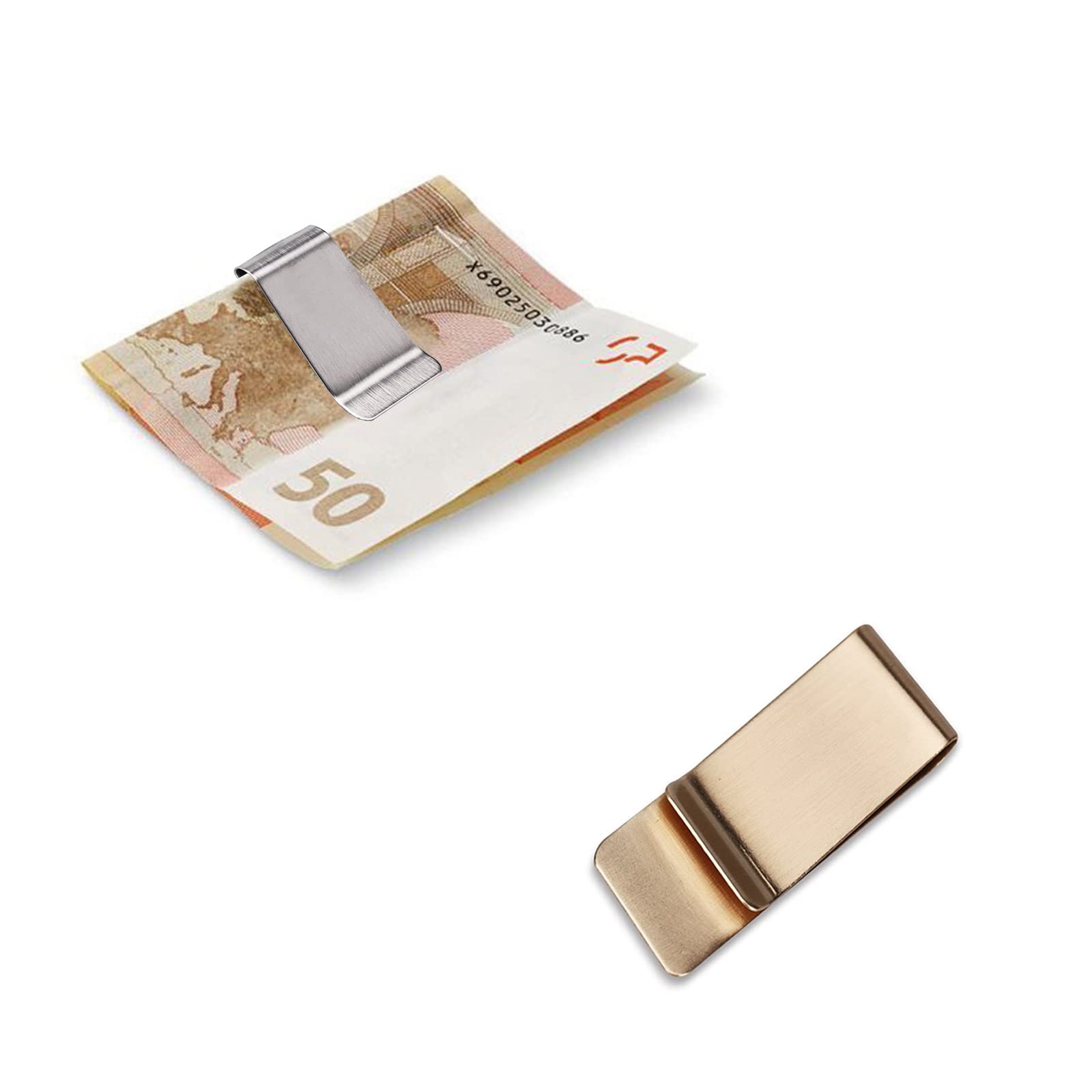 WAFJAMF Small Pack of 2 Silver & Gold Men's Slim Money Clip Stainless Steel Credit Card Holder Pocket Cash Wallet (Silver + Golden)