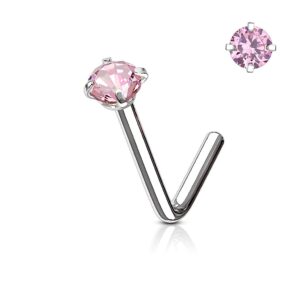 Amelia Fashion Round CZ Nose Stud Ring L Bend 316L Surgical Steel (Choose Size & Color) (18 GA Pink)