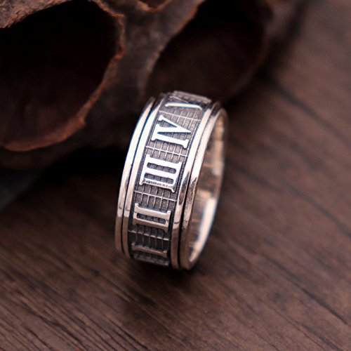 Retro Roman Numerals Ring 925 Sterling Silver Spinner Fidget Ring Band for Men Women Size 9