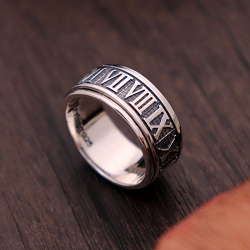 Retro Roman Numerals Ring 925 Sterling Silver Spinner Fidget Ring Band for Men Women Size 9