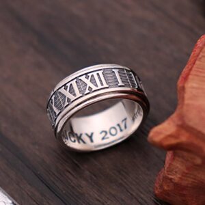 Retro Roman Numerals Ring 925 Sterling Silver Spinner Fidget Ring Band for Men Women Size 9