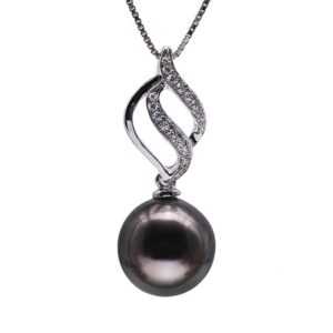 Pearl Necklace 11mm Black Round Tahitian Cultured Pearl Pendant Necklace for Women Princess Length 18"