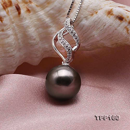 Pearl Necklace 11mm Black Round Tahitian Cultured Pearl Pendant Necklace for Women Princess Length 18"