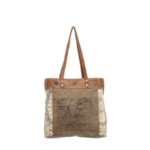 myra bags bicycle upcycled canvas tote bag s-0935, tan, khaki, brown, one_size