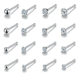 20g Nose Ring Surgical Steel 16pcs 20g Stainless Steel Nose Ring Stud for Women Straight Bar Nose Stud 1.5mm 2mm 2.5mm 3mm CZ Body Piercing for Women Men