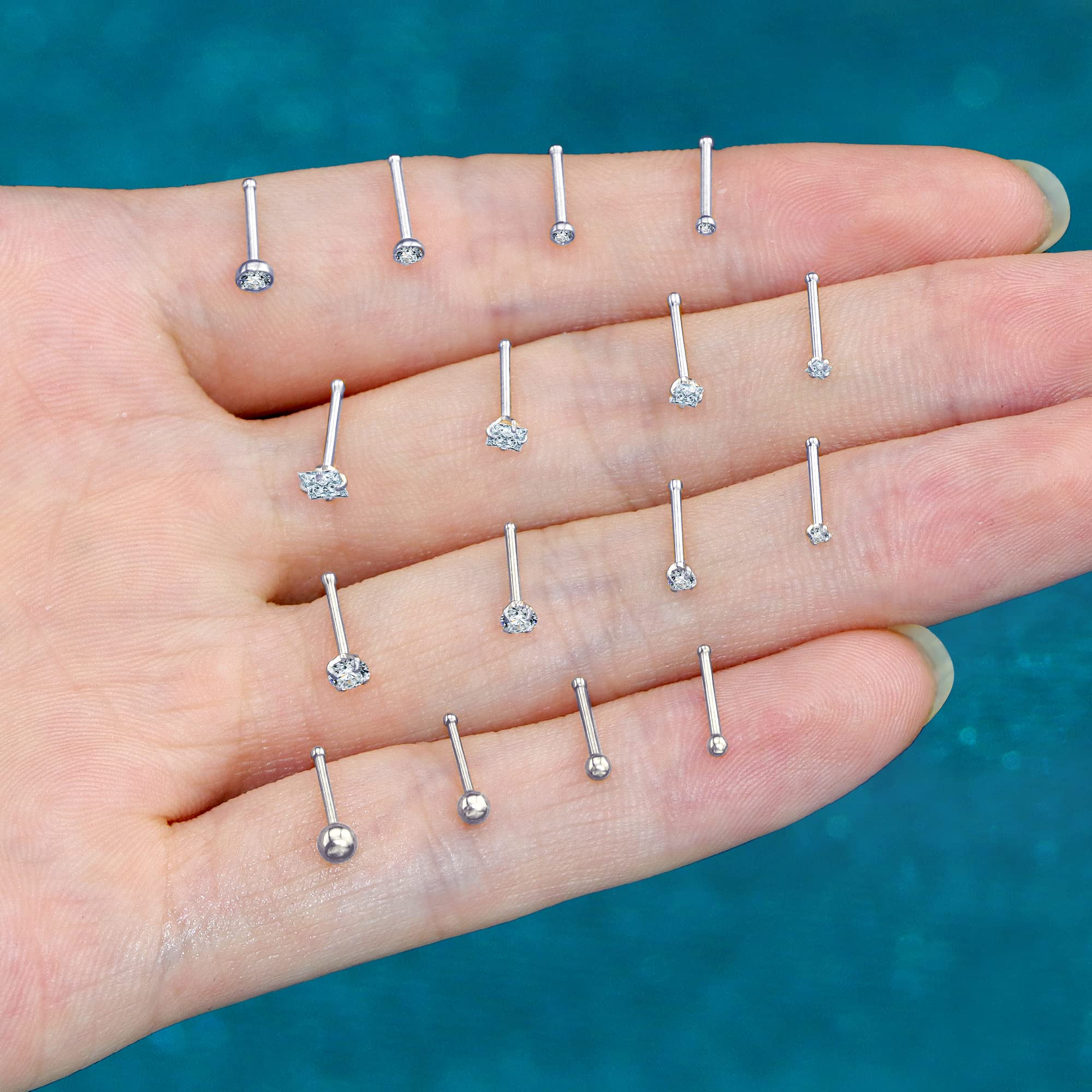 20g Nose Ring Surgical Steel 16pcs 20g Stainless Steel Nose Ring Stud for Women Straight Bar Nose Stud 1.5mm 2mm 2.5mm 3mm CZ Body Piercing for Women Men