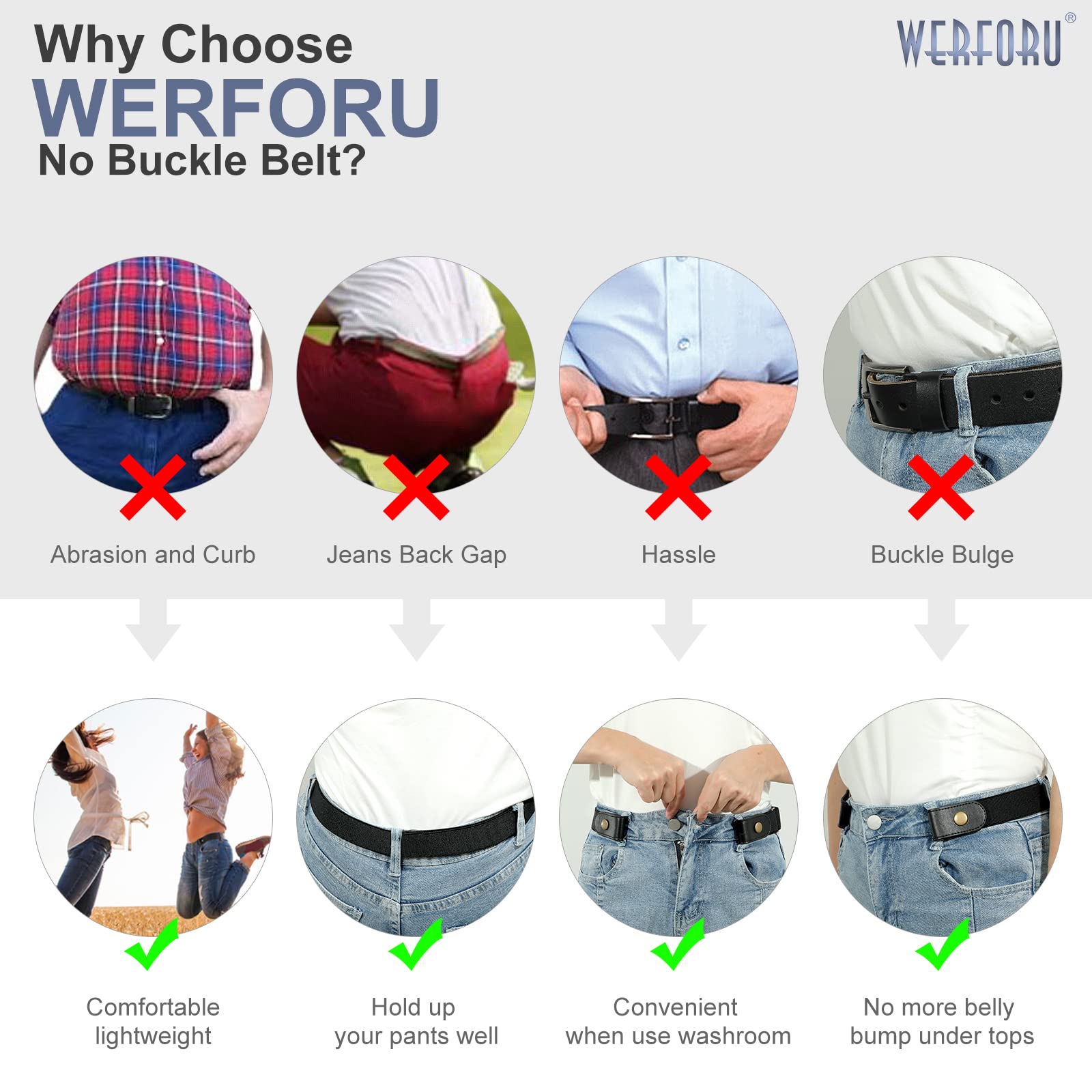 WERFORU No Buckle Stretch Belt For Women Men Elastic Waist Belt Up to 72 Inch for Jeans Pants,Black,Pants Size 31-50 Inches