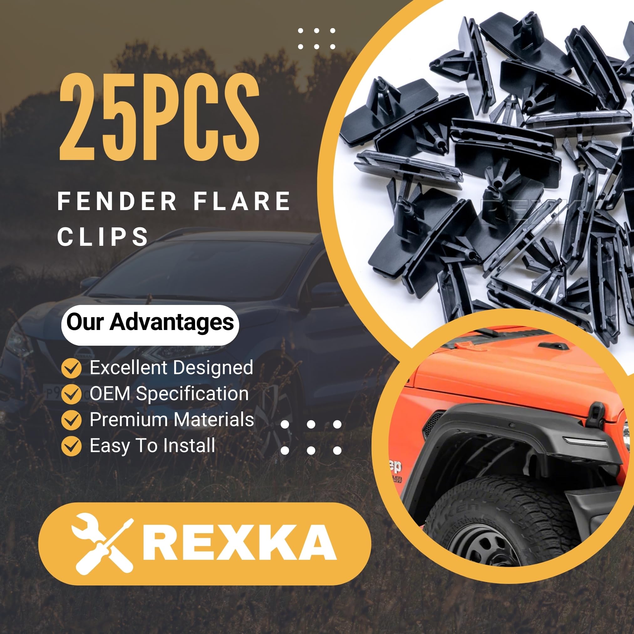 Rexka 25pcs Fender Flare & Rocker Moulding Clip 68039280-AA Compatible with Jeep Wrangler JK & Unlimited JK Ram 4500 Ram 5500