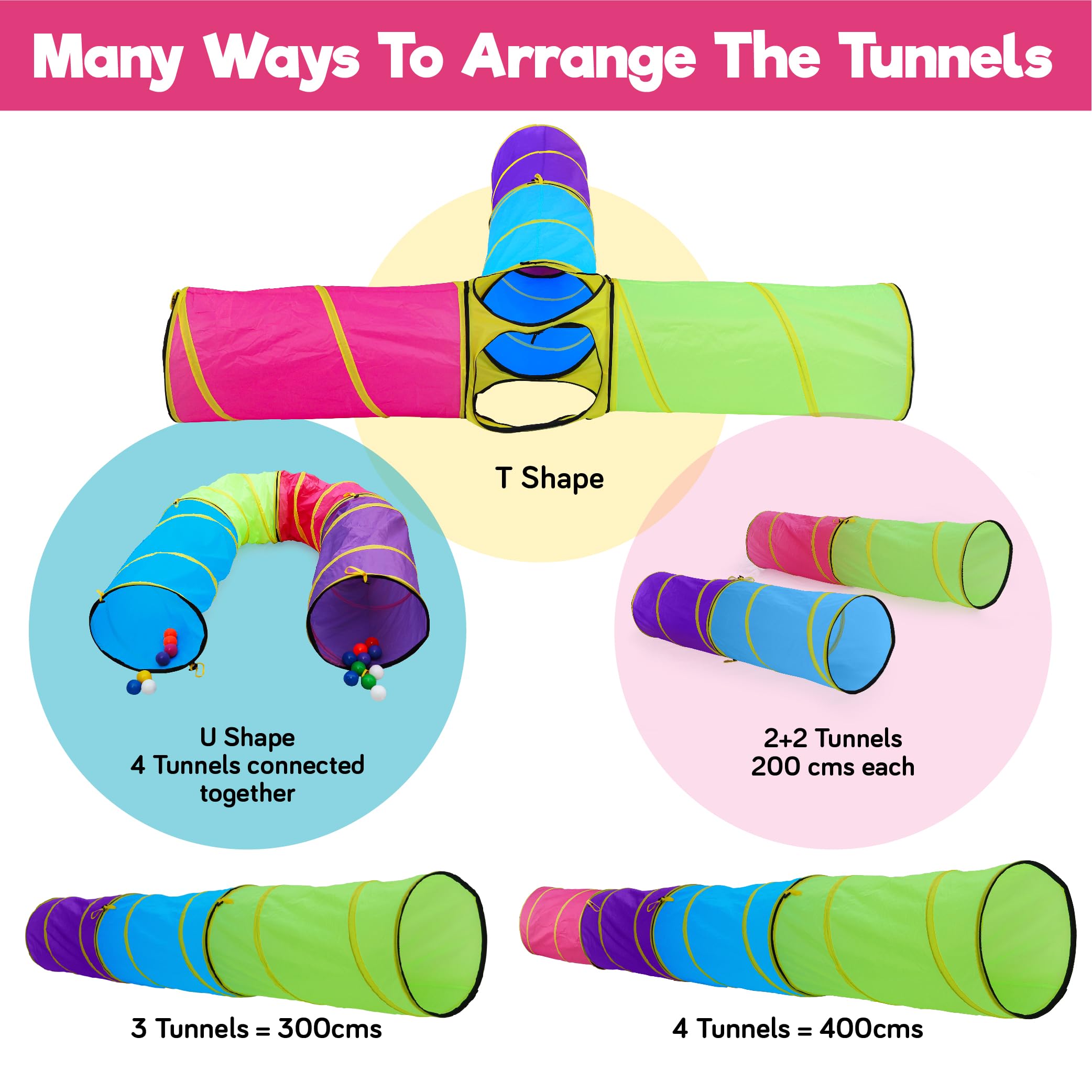 Hide N Side Kids Play Tunnels, Indoor Outdoor Crawl through Tunnel for Kids Dog Toddler Babies Children, Pop up Tunnel Gift Toy (Multi, 4 way)