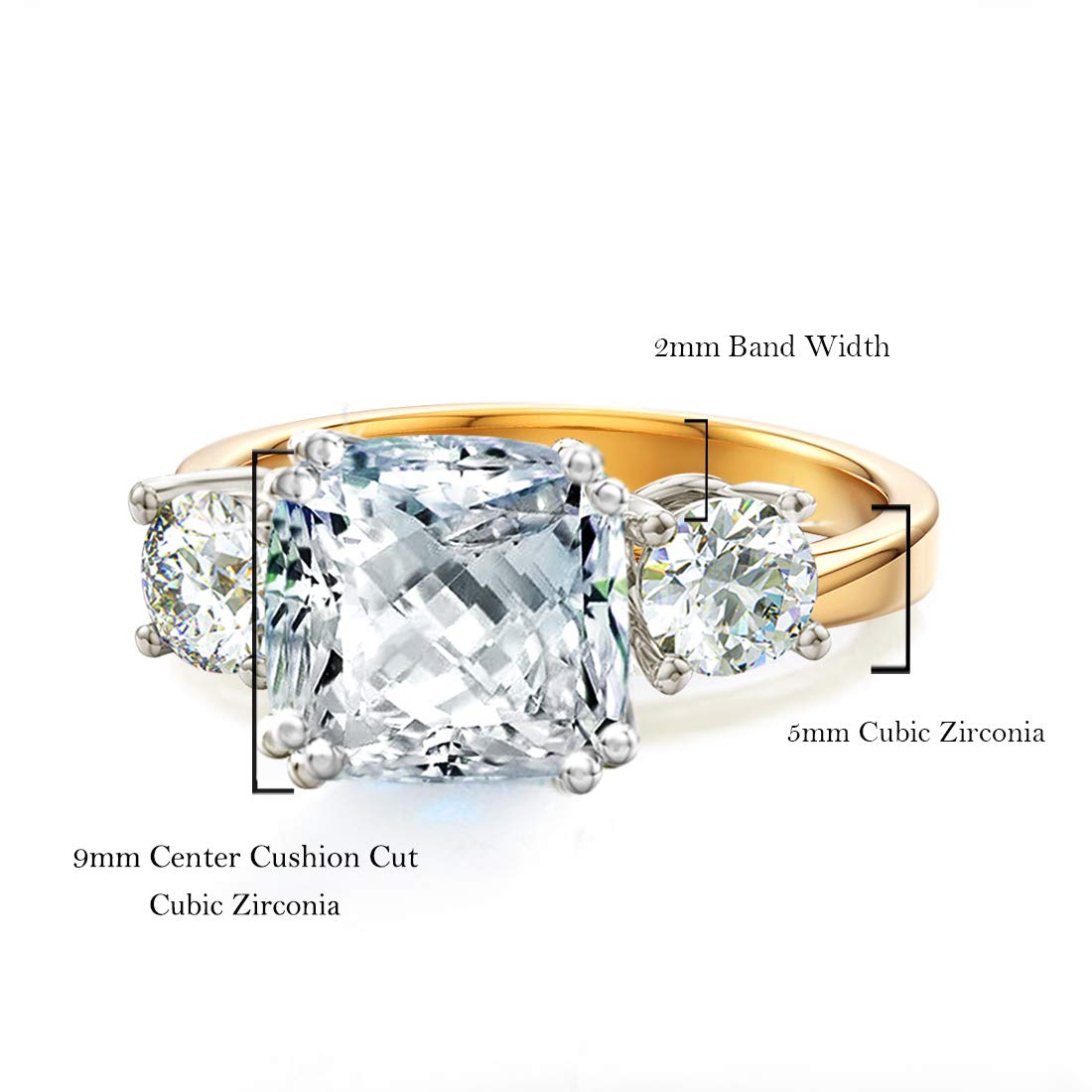 Samie Collection 3 Stone Engagement Rings for Women Wedding Ring Sets with Cushion Cut Simulated Diamond CZ in Yellow & White Gold Plating, Size 7