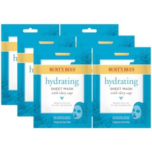 burt's bees hydrating face mask with clary sage, single use sheet mask, 1 count, pack of 6 (package may vary)