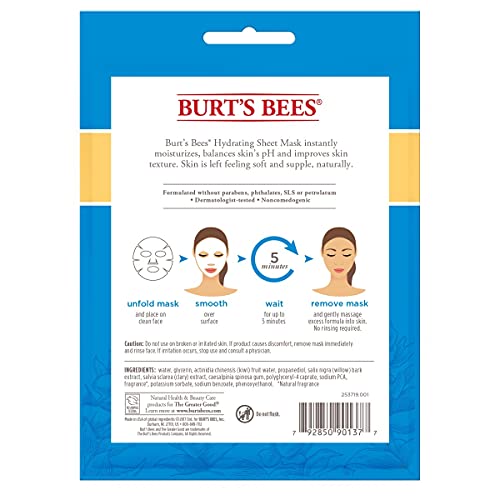 Burt's Bees Hydrating Face Mask with Clary Sage, Single Use Sheet Mask, 1 Count, Pack of 6 (Package May Vary)