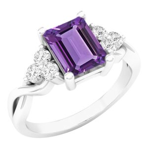 Dazzlingrock Collection 8x6mm Emerald Cut Amethyst & Round White Diamond Twisted Engagement Ring for Women in 925 Sterling Silver, Size 7.5