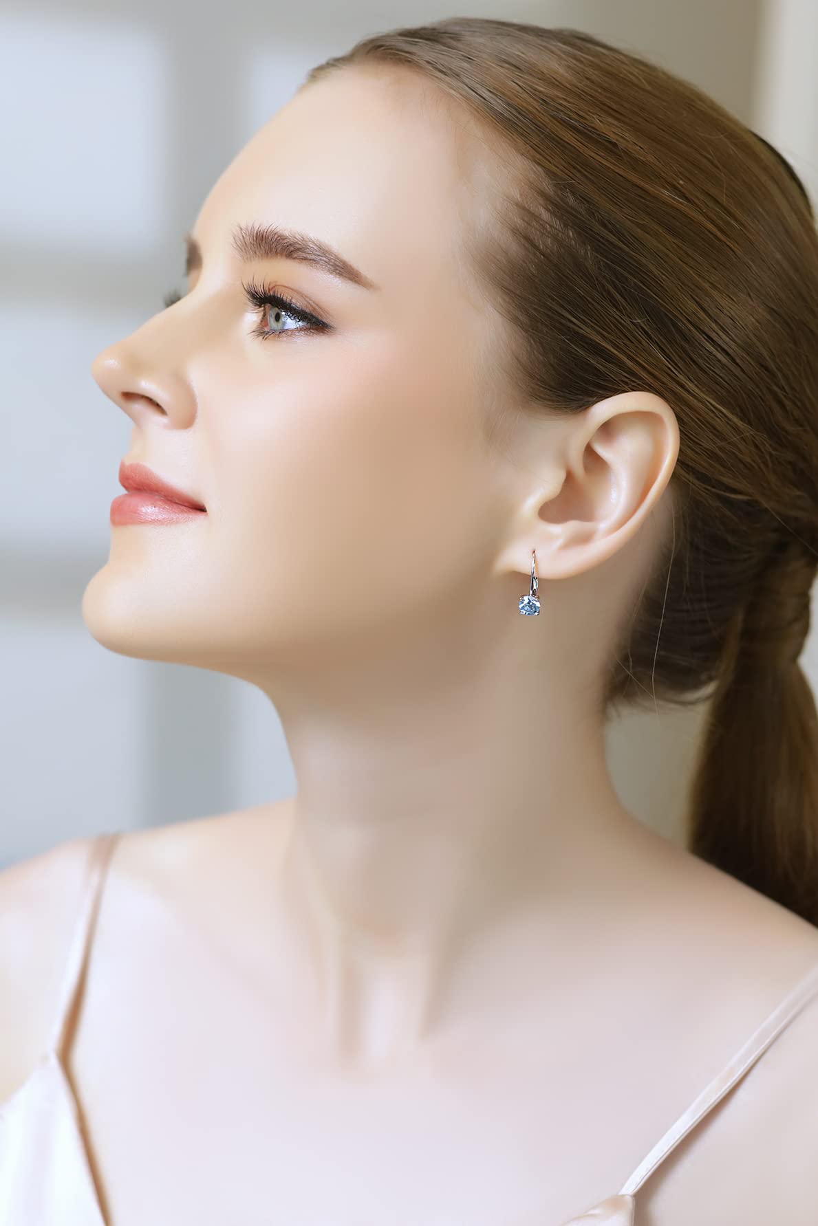 Leverback Earrings for Women Sterling Silver Light Blue Crystal Round-cut Drop Earring for Bridesmaids