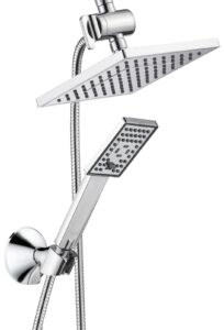 bright showers rain shower head with handheld spray, 8 inch high pressure rainfall shower head combo with 60” hose, adjustable dual square showerhead with 3-way diverter, wall bracket, chrome