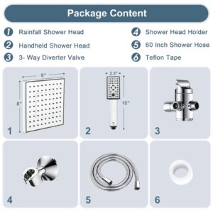 BRIGHT SHOWERS Rain Shower Head with Handheld Spray, 8 Inch High Pressure Rainfall Shower Head Combo with 60” Hose, Adjustable Dual Square Showerhead with 3-Way Diverter, Wall Bracket, Chrome