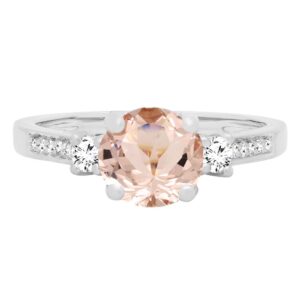 Dazzlingrock Collection 7mm Round Center Morganite & White Diamond 3 Stone Engagement Ring for Women in 18K White Gold, Size 7