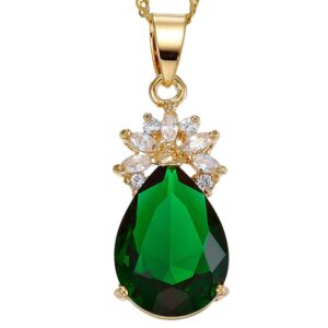 RIZILIA Pendant with 18" Chain & Pear Cut CZ [Simulated Green Emerald] in Yellow Gold Plated, Simple Modern Elegant