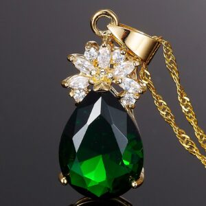 RIZILIA Pendant with 18" Chain & Pear Cut CZ [Simulated Green Emerald] in Yellow Gold Plated, Simple Modern Elegant