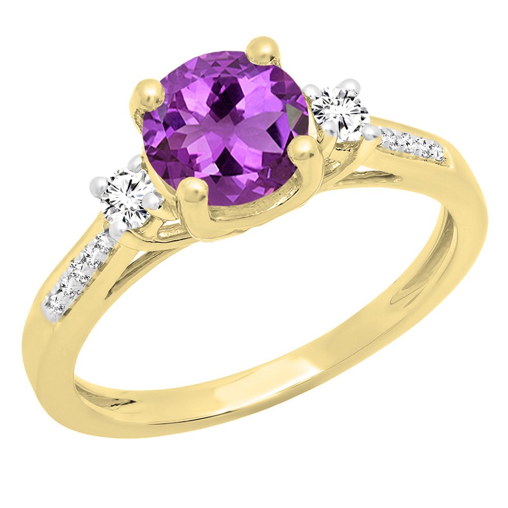 Dazzlingrock Collection 7mm Round Center Amethyst & White Diamond 3 Stone Engagement Ring for Women in 14K Yellow Gold, Size 8