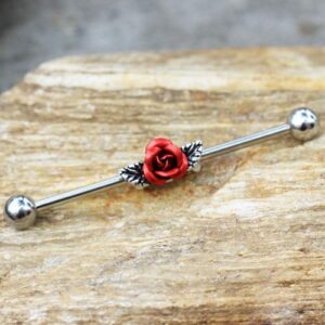 Pierced Owl 14GA 316L Surgical Steel Red Rose with Leaves Industrial Barbell