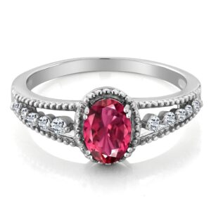 gem stone king 925 sterling silver pink tourmaline and white topaz engagement ring for women (0.91 cttw, oval 7x5mm, gemstone birthstone, available in size 5, 6, 7, 8, 9)