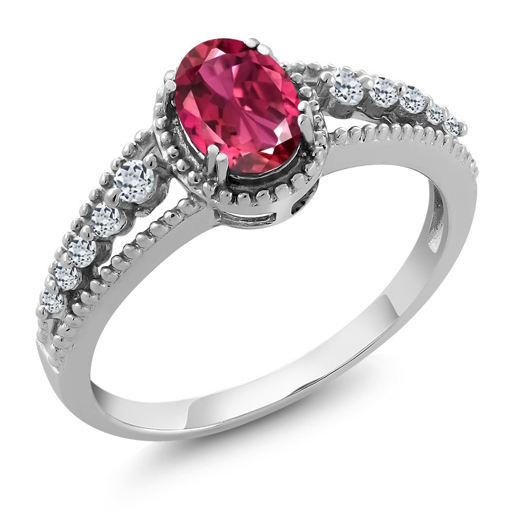 Gem Stone King 925 Sterling Silver Pink Tourmaline and White Topaz Engagement Ring For Women (0.91 Cttw, Oval 7X5MM, Gemstone Birthstone, Available In Size 5, 6, 7, 8, 9)