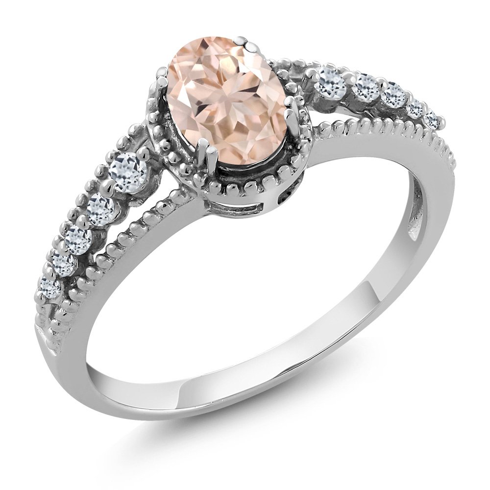 Gem Stone King 925 Sterling Silver Peach Morganite and White Topaz Engagement Ring For Women (0.86 Cttw, Oval 7X5MM, Available In Size 5, 6, 7, 8, 9)