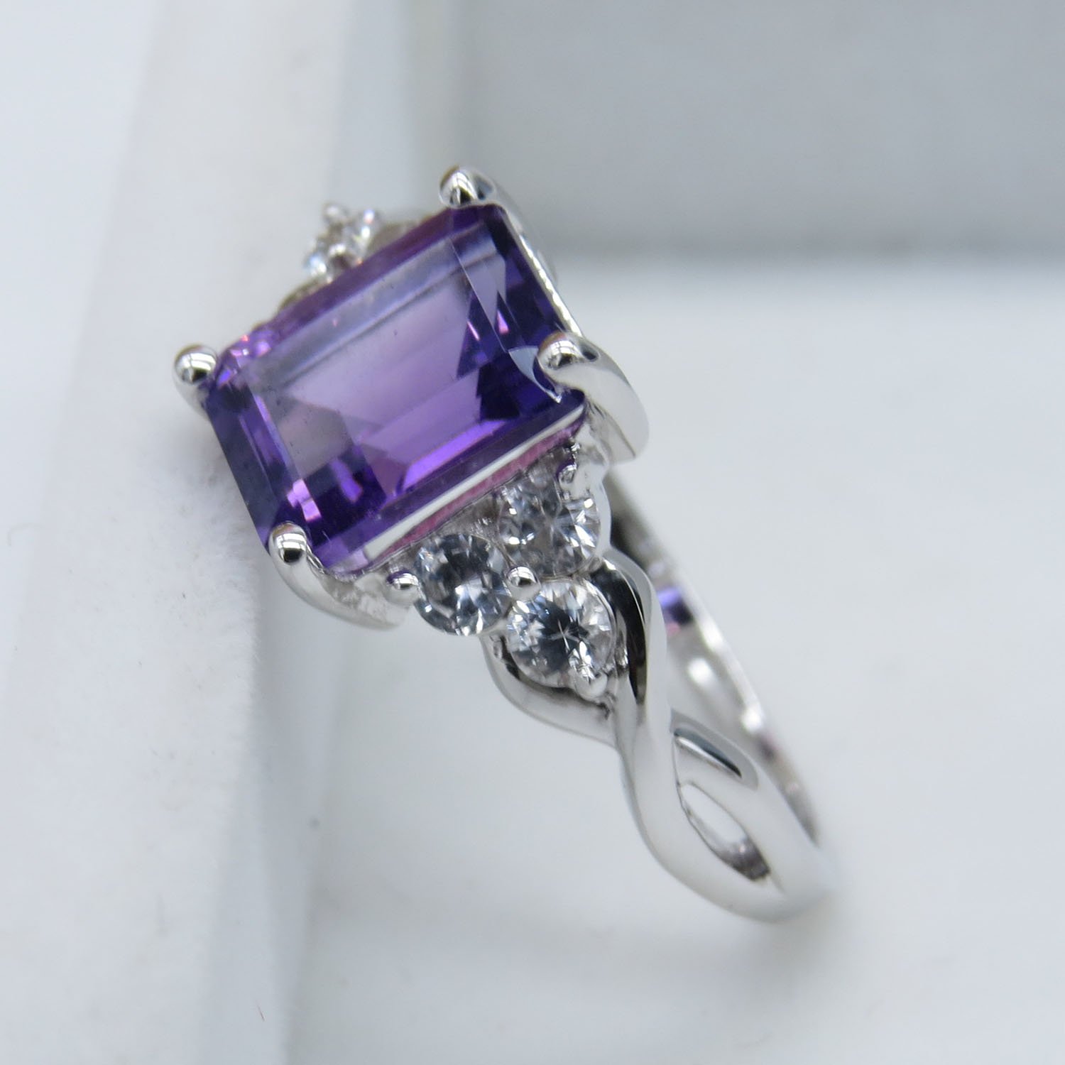 Dazzlingrock Collection 8X6 MM Emerald Cut Amethyst & Round White Sapphire Halo Engagement Ring for Her in 18K White Gold, Size 4.5