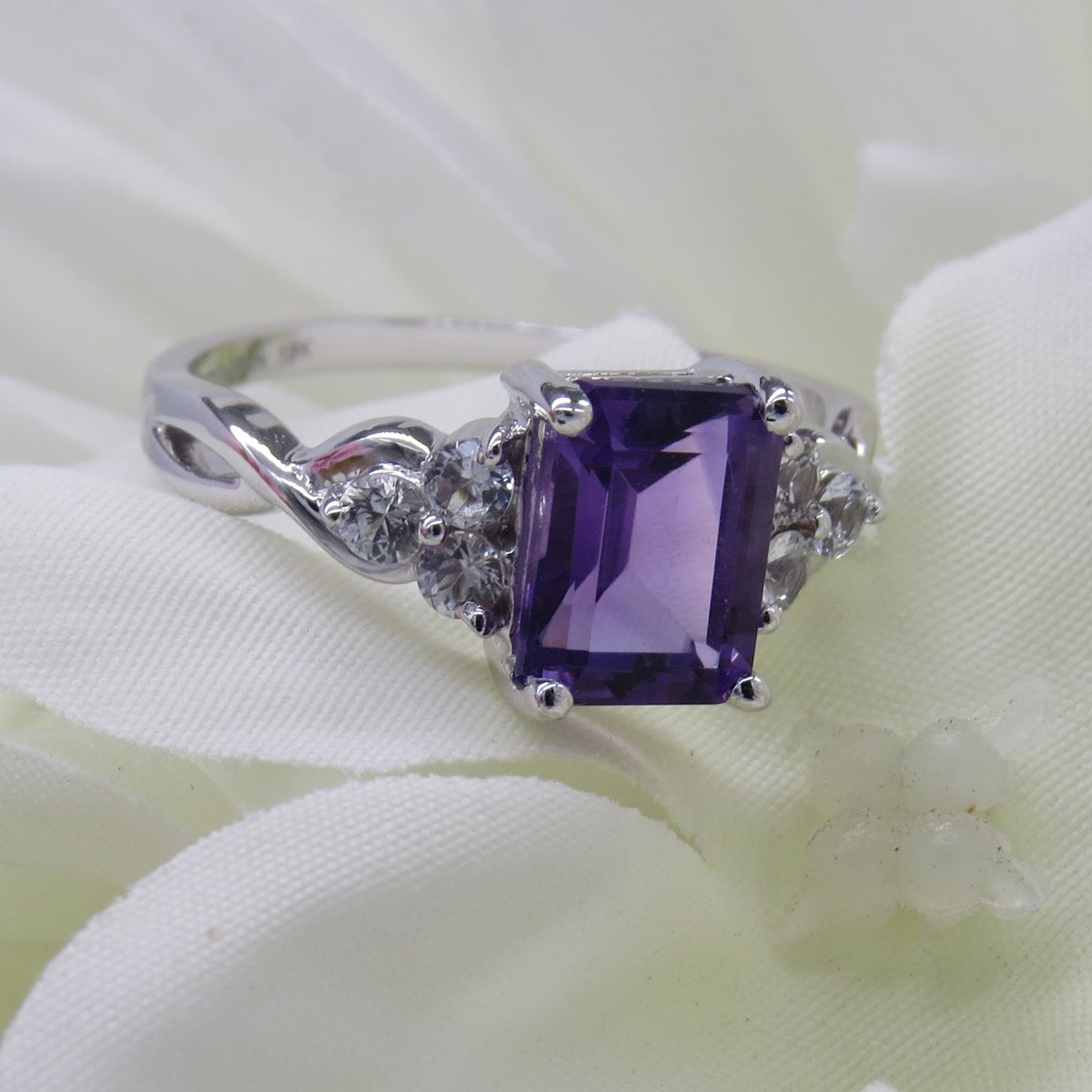 Dazzlingrock Collection 8X6 MM Emerald Cut Amethyst & Round White Sapphire Halo Engagement Ring for Her in 18K White Gold, Size 4.5