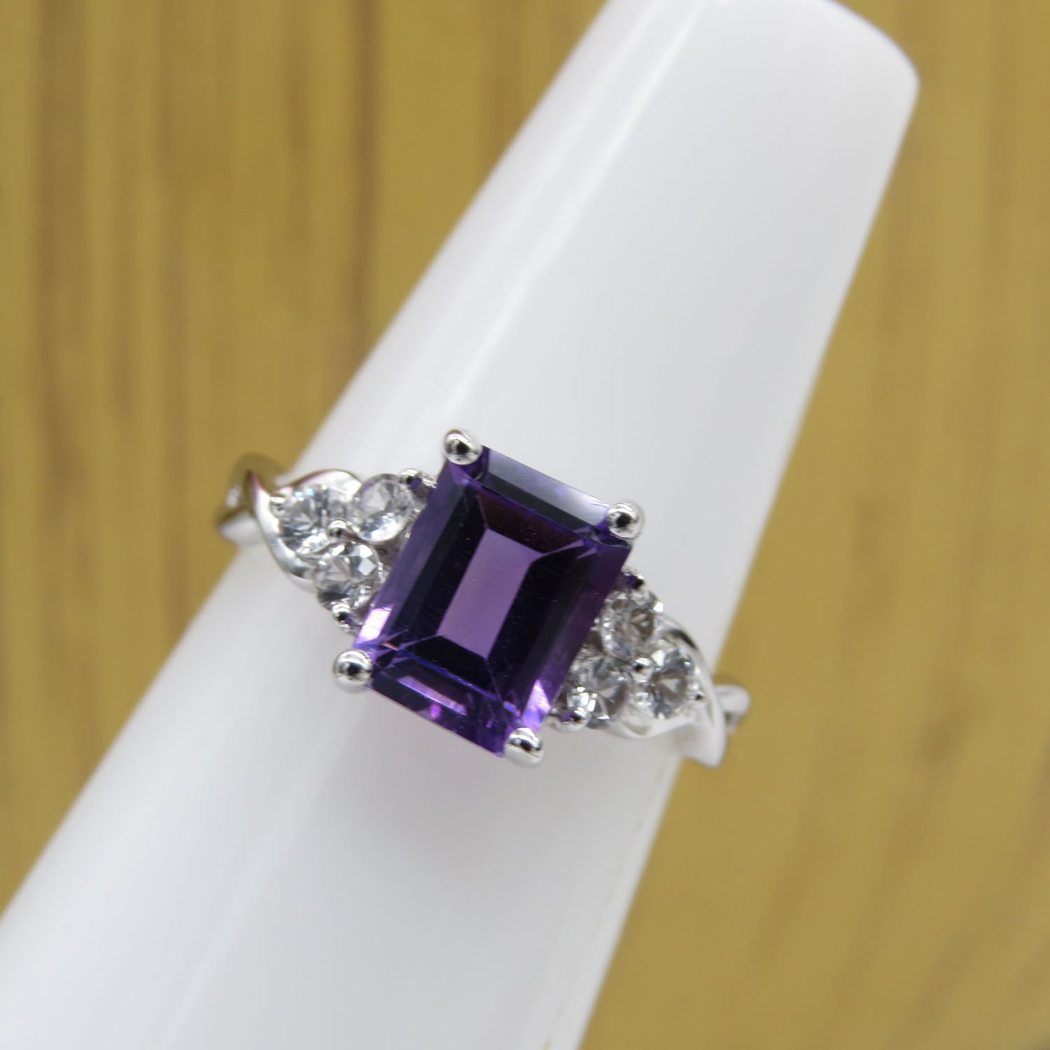 Dazzlingrock Collection 8X6 MM Emerald Cut Amethyst & Round White Sapphire Halo Engagement Ring for Her in 18K White Gold, Size 4.5