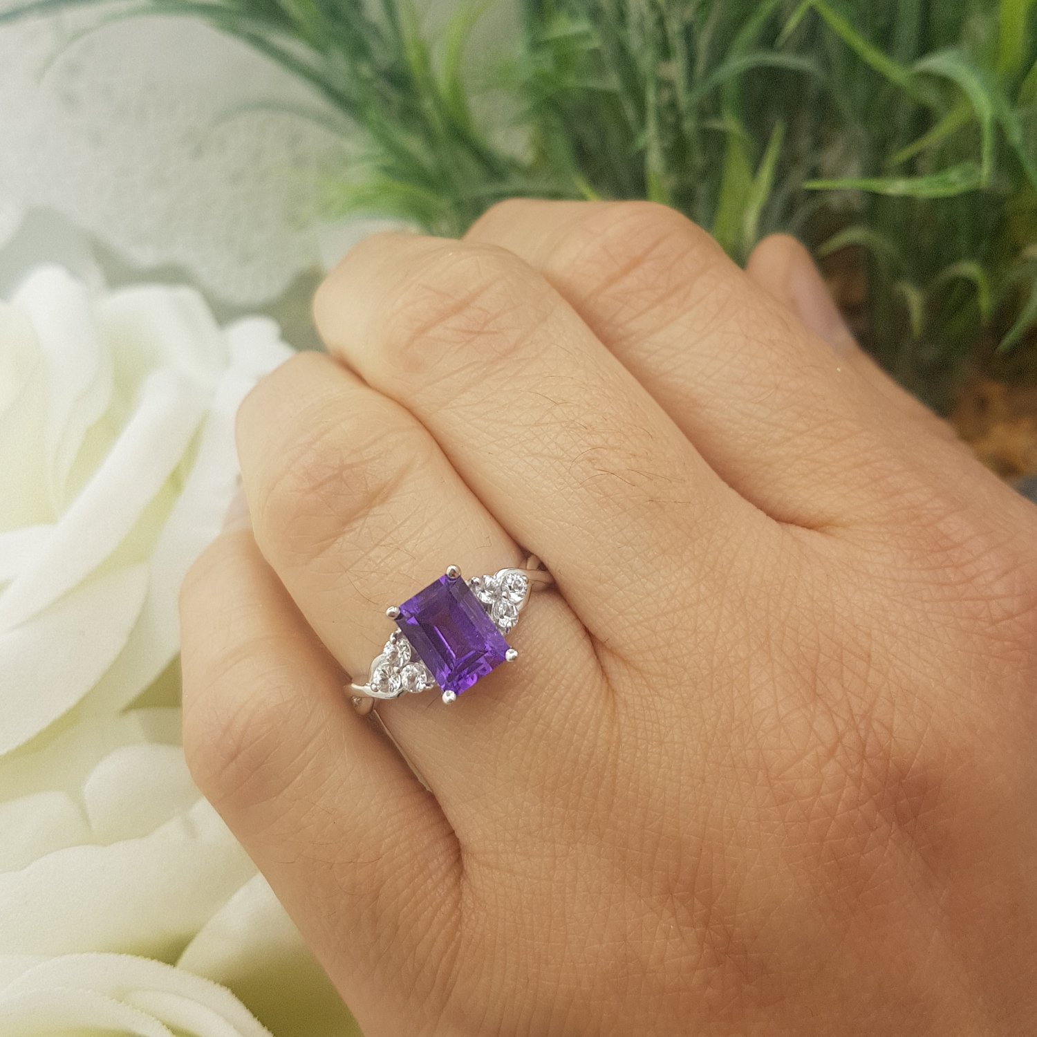 Dazzlingrock Collection 8X6 MM Emerald Cut Amethyst & Round White Sapphire Halo Engagement Ring for Her in 18K White Gold, Size 4.5