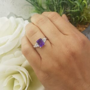 Dazzlingrock Collection 8X6 MM Emerald Cut Amethyst & Round White Sapphire Halo Engagement Ring for Her in 18K White Gold, Size 7.5